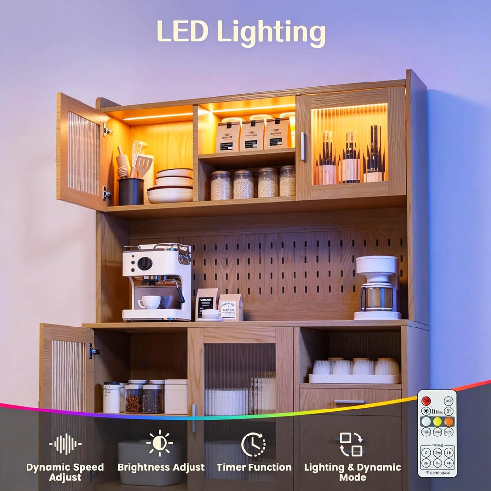 71" Tall Hutch Cabinet with LED Light & Charging Station | Kitchen S...