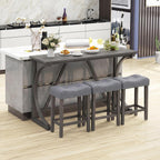 COSTWAY 4-Piece Farmhouse Bar Table Set with Power Outlet | Counter Height Dining Table Set w/ 3 Upholstered Stools, Wood Console Table Set for Kitchen, Dining Room, Living Room, Gray