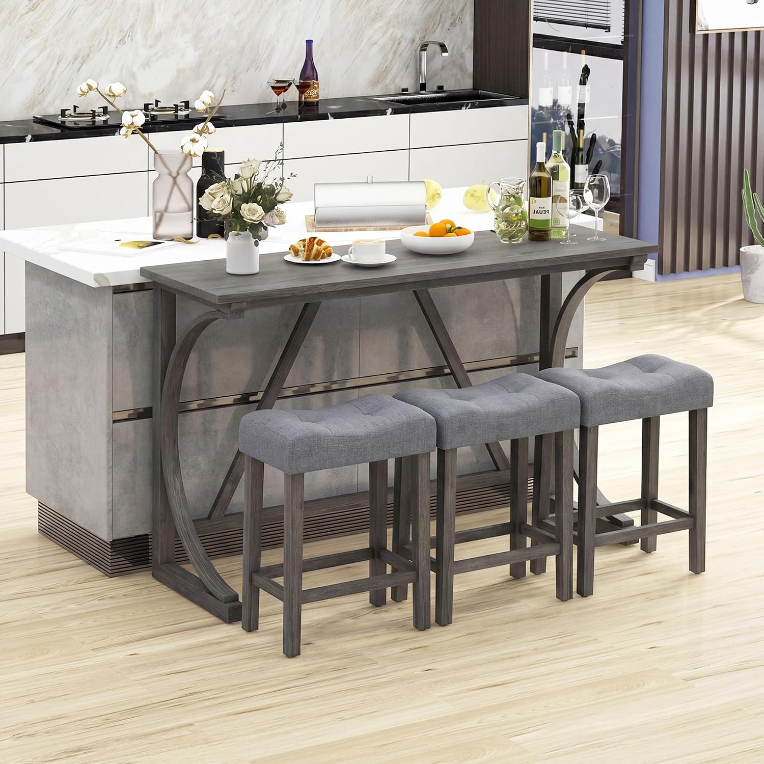 COSTWAY 4-Piece Farmhouse Bar Table Set with Power Outlet | Counter Height Dining Table Set w/ 3 Upholstered Stools, Wood Console Table Set for Kitchen, Dining Room, Living Room, Gray