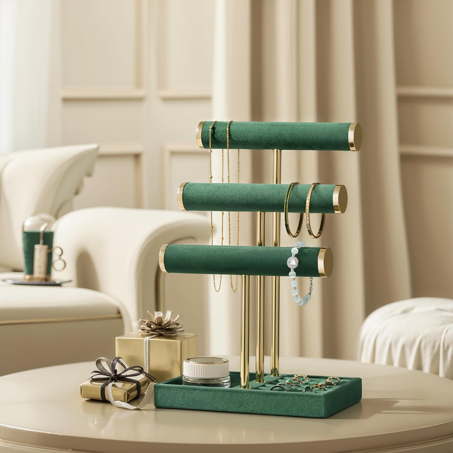 3 Tier Bracelet Holder Display - Detachable T Bar Dark Green Velvet Bracelet Holder, Jewelry Holder Organizer for Bracelet, Necklace, Watches, Rings