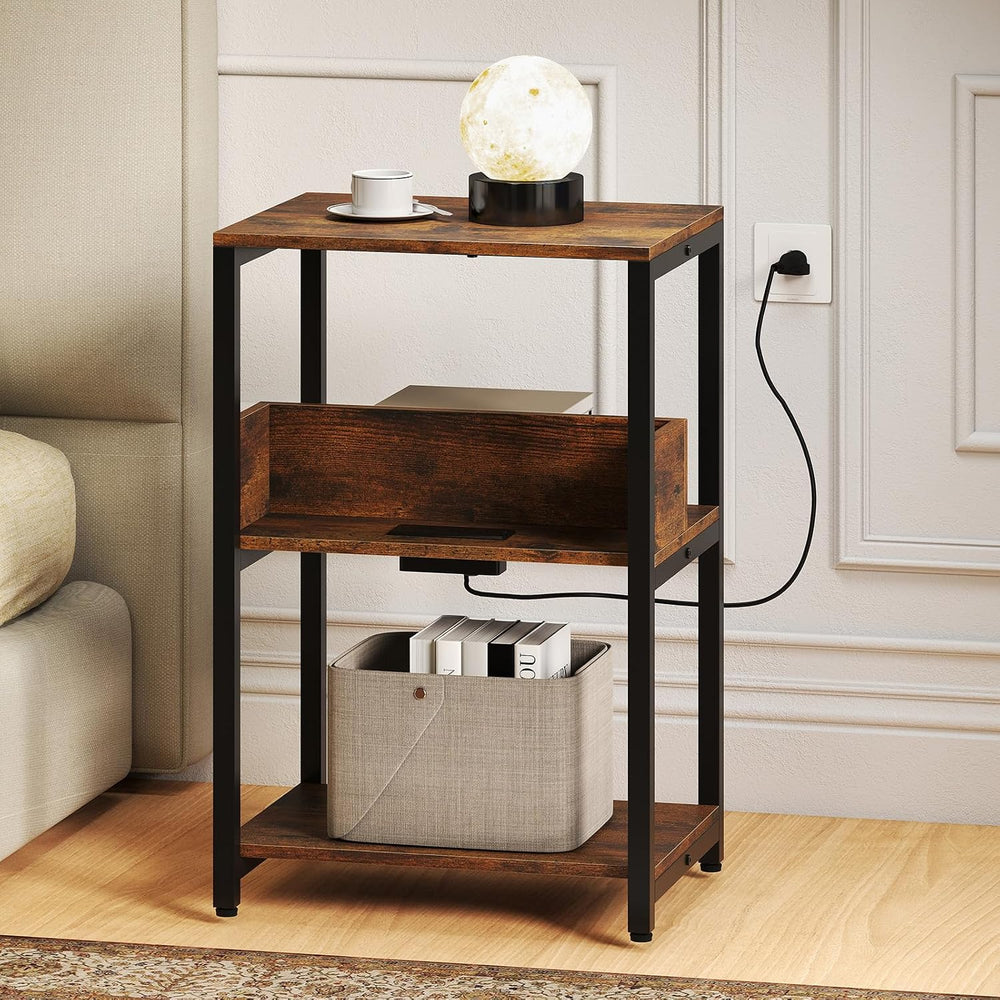 Giantex Side Table with Charging Station - Industrial 3-Tier Bedside Table w/...