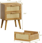 Rattan Nightstand,End Table, Side Table with 2 Hand Made Rattan Decorated Drawers,Boho Bedside Table,Wood Accent Table with Storage for Livingroom, Bedroom, Toffee Wood CTG59T