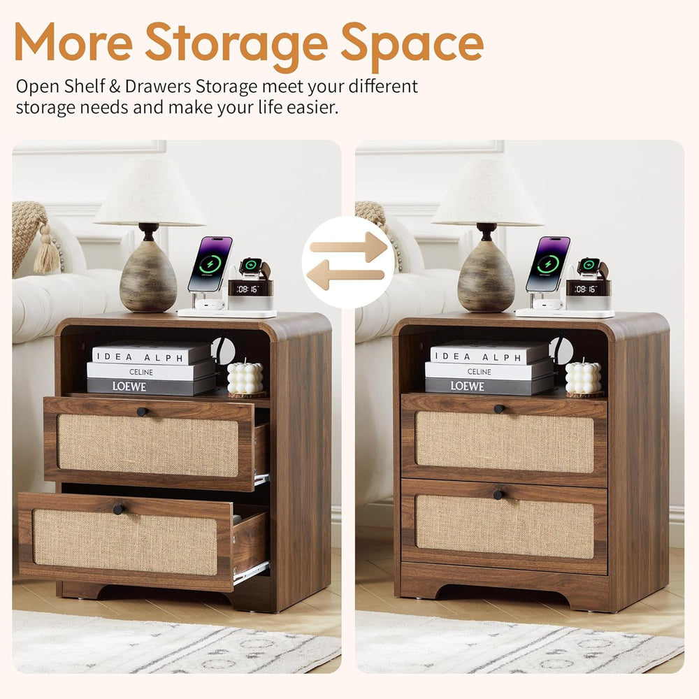 Farmhouse Nightstand with Charging Station, Night Stand with 2 Drawers, Mid-C...