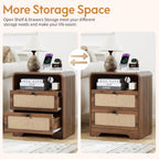 Set of 2 Night Stand with Charging Station, 19.7" Wooden Side Table Curved Nightstands with 2 Drawers & USB/Type-C Ports, Mid Century Modern End Table for Living Room, Bedroom, Nature Linen, Walnut