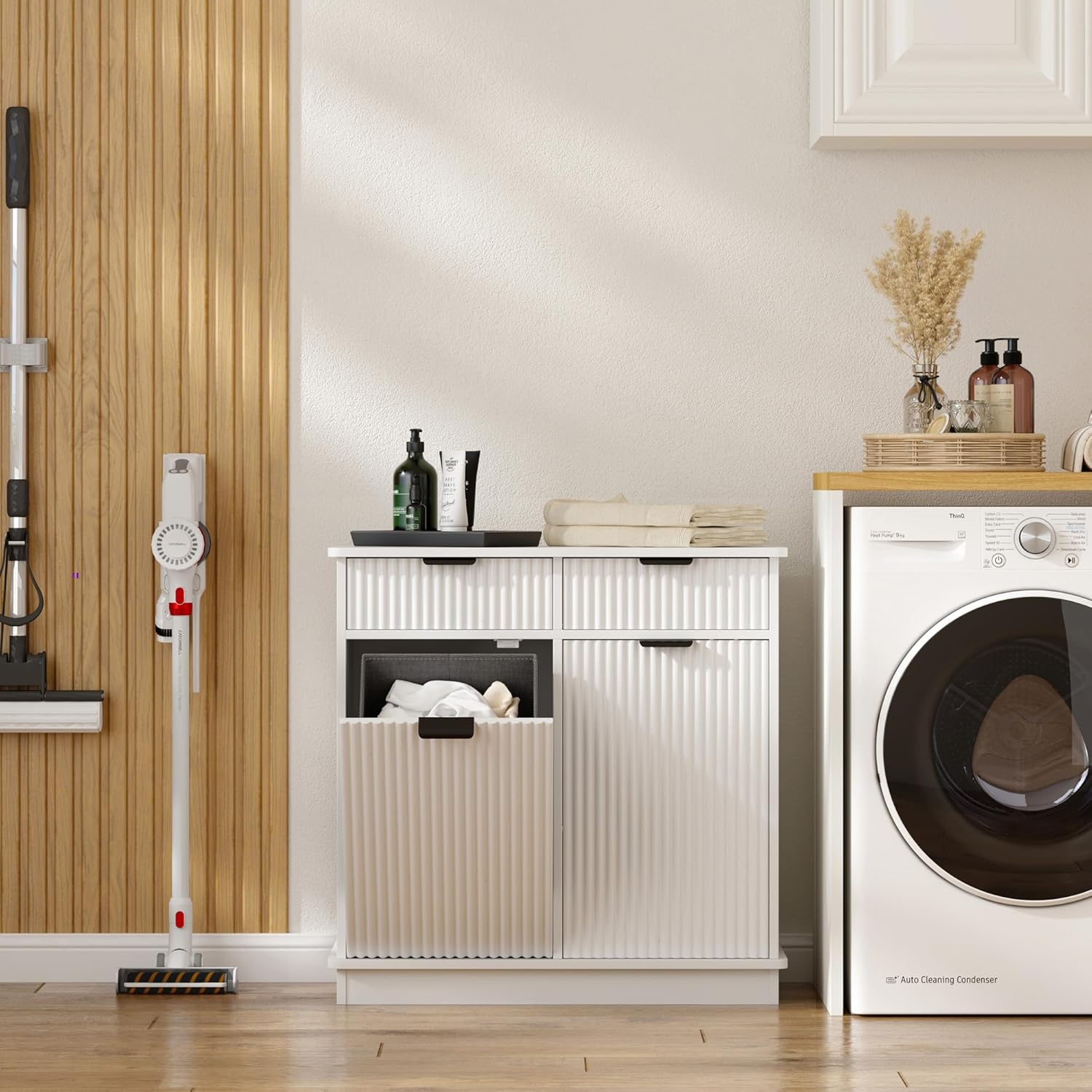 White Double Tilt Out Laundry Hamper Cabinet Laundry Basket Cabinet Hidden Laundry Hamper with 2 Drawers & 2 Baskets for Bathroom Bedroom,30x30x16in