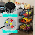 HapiRm Fruit Basket Kitchen Cart - 4-Tier Rolling Storage Cart with Wheels, Fruit Vegetable Basket with Wood Top, Pantry Utility Kitchen Organizer for Fruit Potato Onion Vegetable Bread Snack