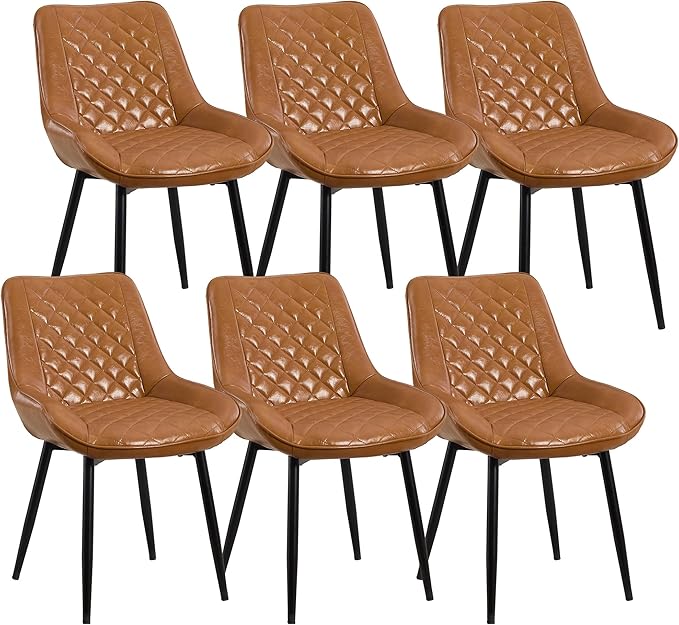 Dining Chair Set of 6, Modern Dining Chairs with Thick Cushions, Faux Leather Upholstered Kitchen Dining Room Chairs with Metal Adjustable Legs for Dining Living Room, Brown