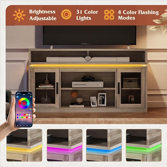 WLIVE Farmhouse TV Stand for TVs Up to 65 Inches, Tall Entertainment Center with Storage Cabinets & LED Lights, Media Console for Living Room, Bedroom, Home Theater, Gray Oak