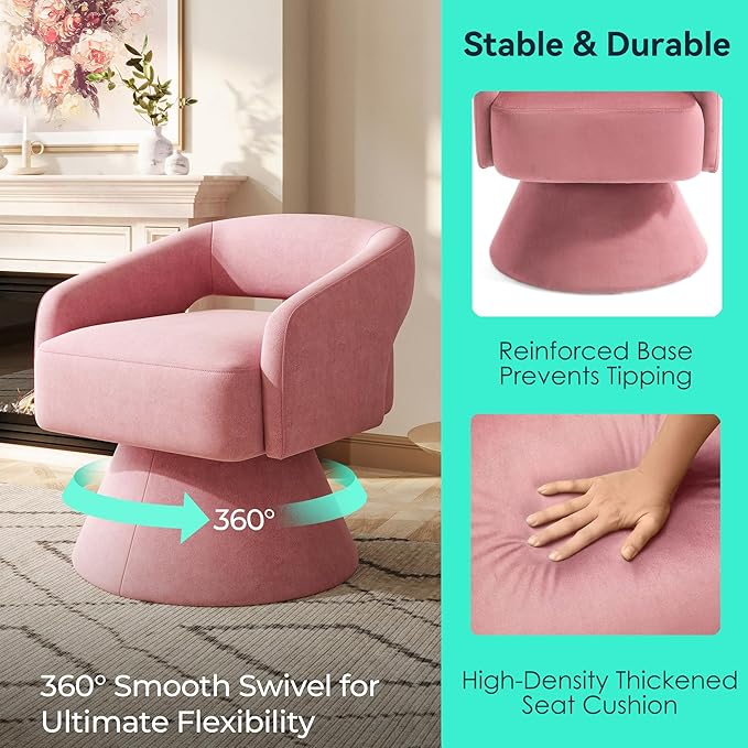 LINSY Swivel Barrel Chair, 360 Modern Swivel Accent Chair Boucle Swivel Chair Round, Pink Velvet Chairs with Arms, Small Barrel Chair for Small Spaces Bedroom Living Room