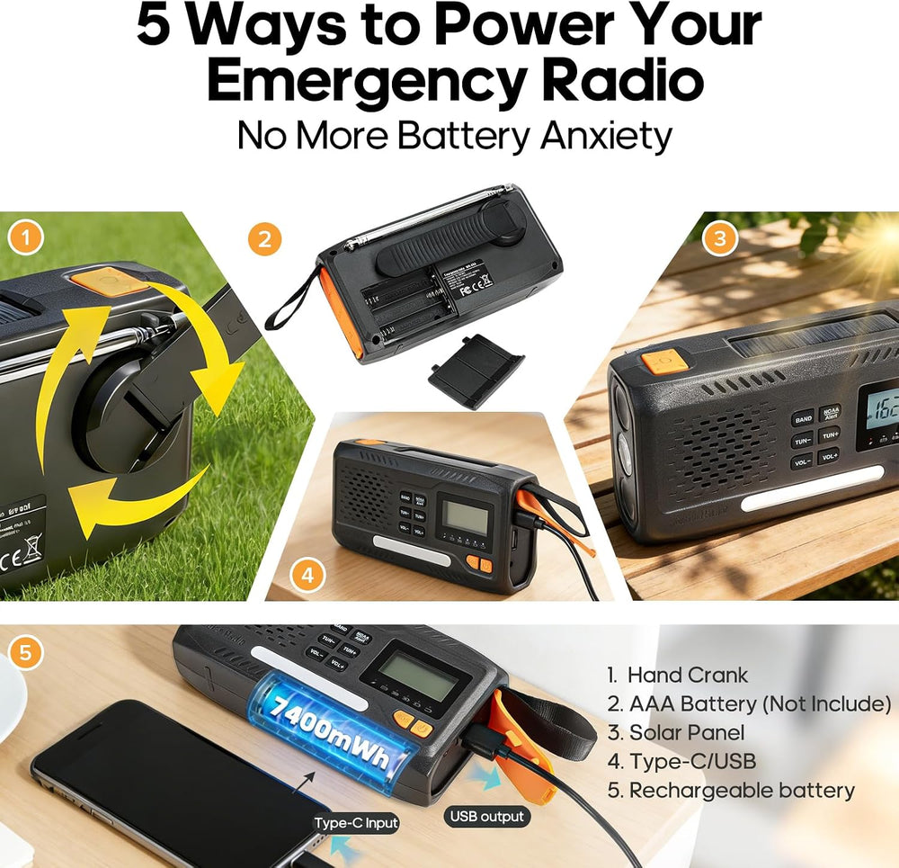 Emergency NOAA Weather Radio,Solar Hand Crank Radio,Portable AM/FM,7400 mWh
