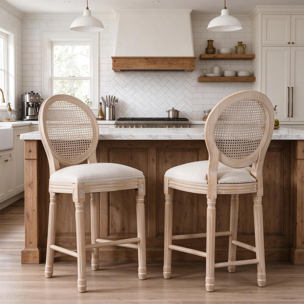 26” French Country Bar stools Set of 2,Rattan Counter Stools，Beige
