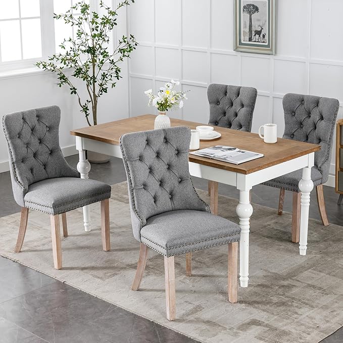 Modern Dining Chairs Set of 8, Tufted Upholstered Dining Chairs with Solid Wood Legs, Grey Linen Fabric Kitchen Chair, Sillas de Comedor, Comfy Kitchen Chair (Gray, Linen, 8Pcs)