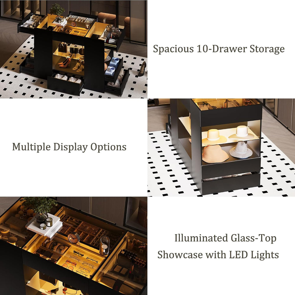 Kikihouse Modern Closet Island with 10 Drawers, LED Wardrobe Armoire Island w...