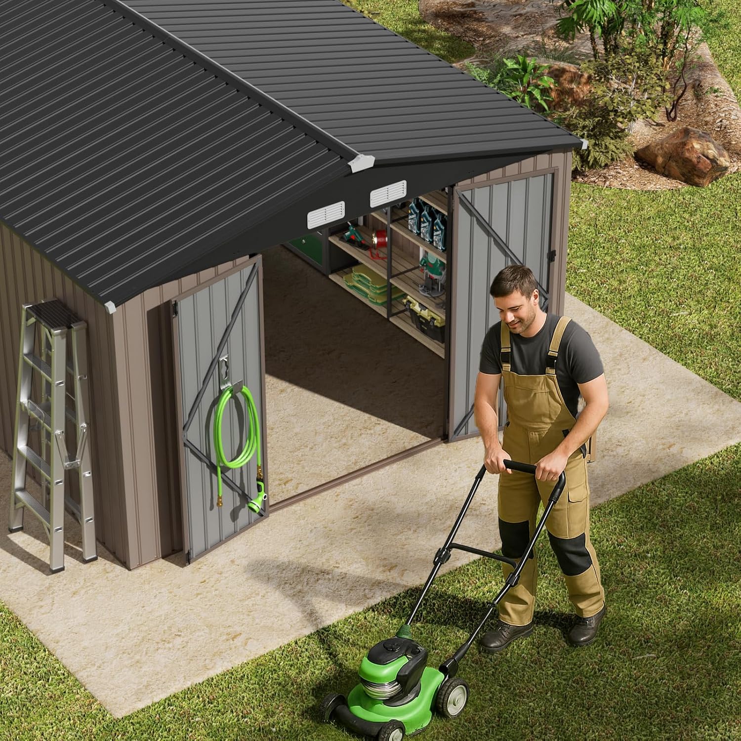 GVDV 10x14 FT Outdoor Metal Storage Shed, Durable Garden Shed with Updated Frame Structure for Backyard, Patio, Tool Storage, All-Weather Shelter for Bike, Gardening Tools, Lawn Mowers, Grey