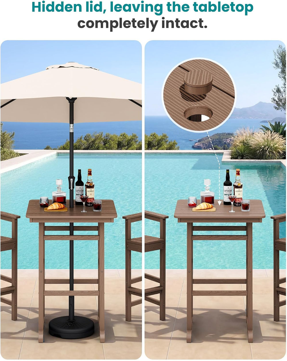 SERWALL HDPE 41.7" Bar Height Table with Umbrella Hole, Brown