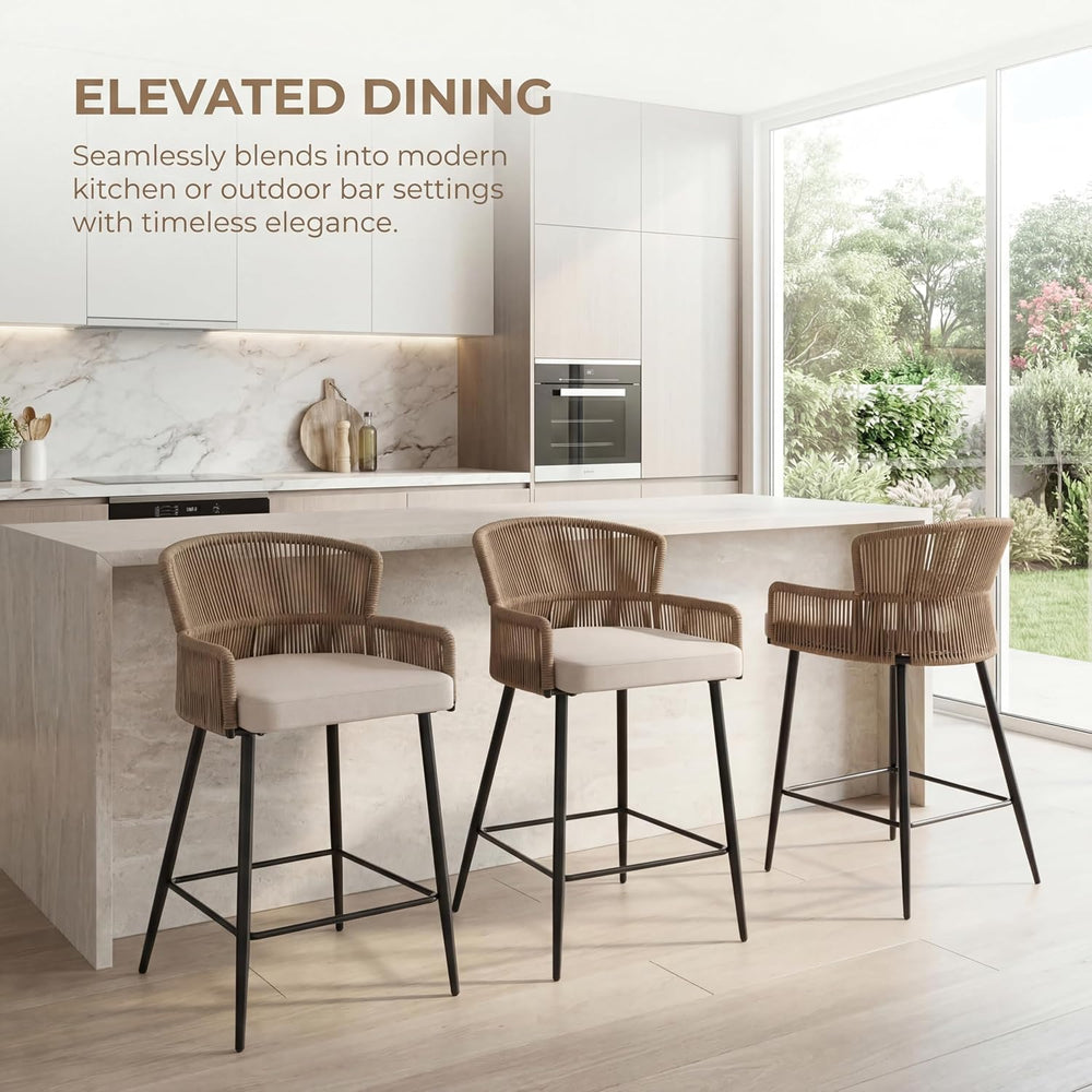 HNY Farmhouse Woven Bar Stools Set of 3, 26 Inch Linen Upholstered Rattan Bar...
