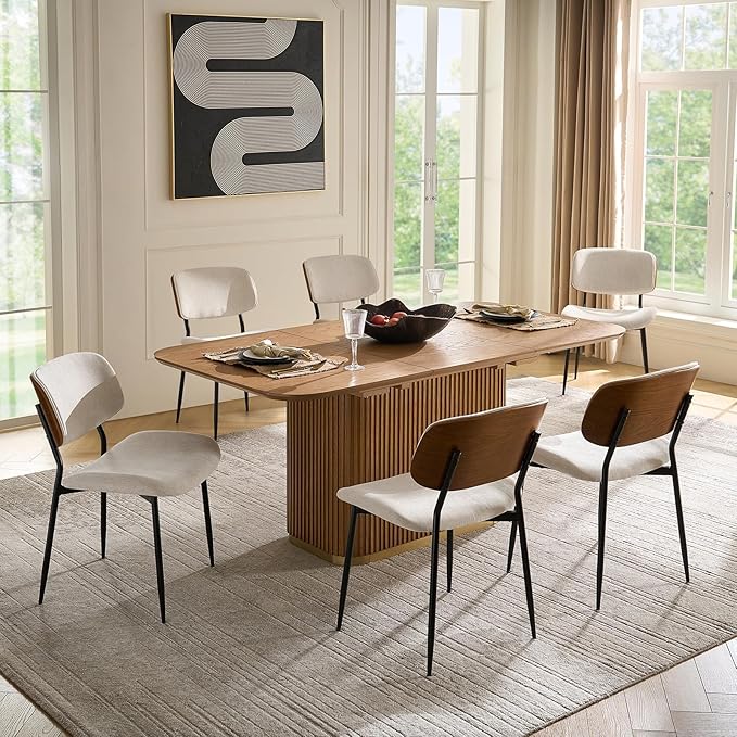 HULALA HOME Dining Chairs Set of 6 Mid-Century Modern Upholstered Kitchen Dining Room Chairs with Wood Curved Backrest, Black Metal Legs Fabric Dinner Chair for Living Room Cafe Restaurant Linen