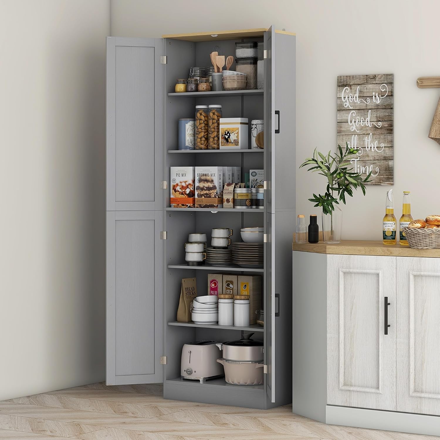 HOMCOM 67" Freestanding Kitchen Pantry 4-Door Cabinet Distressed Gray | Storage Organizer, Adjustable Shelves, Pantry Cabinet with Doors