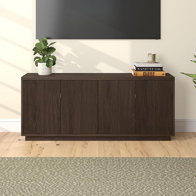 Henn&Hart Fluted TV Stand for TVs up to 65" with 2 Concealed Ribbed Storage Cabinets and Adjustable Shelves for Living Room, Family Room, or Office, Warm Brown