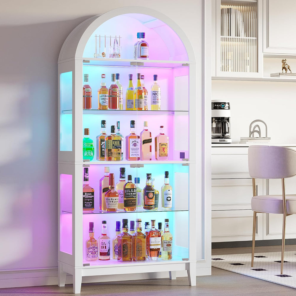 HNEBC Arched Display Cabinet with Glass Doors& Music Sync Lights,White