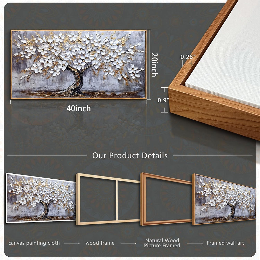 DZRWUBHS Tree of Life Wall Art, Large Wall Art, Framed Wall Decor, White Gold...