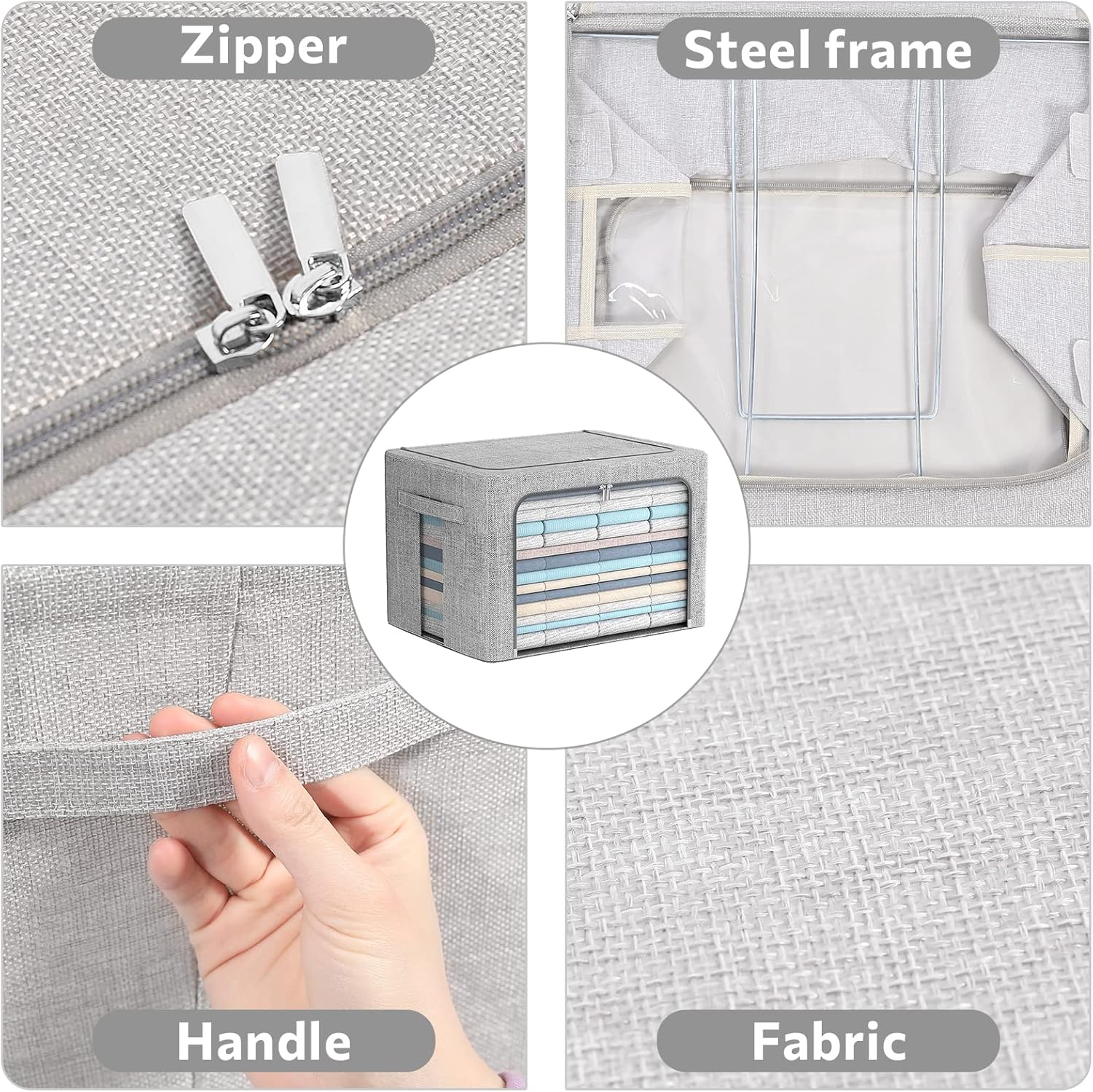 FHSQX 2 Pack Clothes Storage Bins Stackable Metal Frame Storage Box Large Capacity Foldable Linen Fabric Box Organizer with Carrying Handles and Clear Window (Light Gray, 19.7x 15.7x 12.6 Inch)