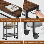 Hoctieon Slim Rolling Storage Cart, 4-Tier Narrow Kitchen Storage Cart with Handle & Wheels, Mobile Shelving Unit, Wooden Top & Metal Frame, Utility Cart for Kitchen, Small Spaces, Rustic Brown