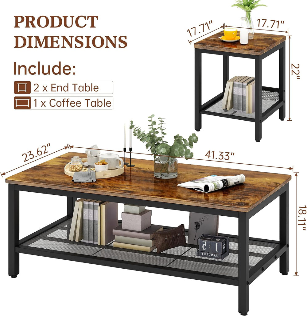 3-Piece Coffee Table and End Table Sets for Living Room, Industrial Coffee Ta...