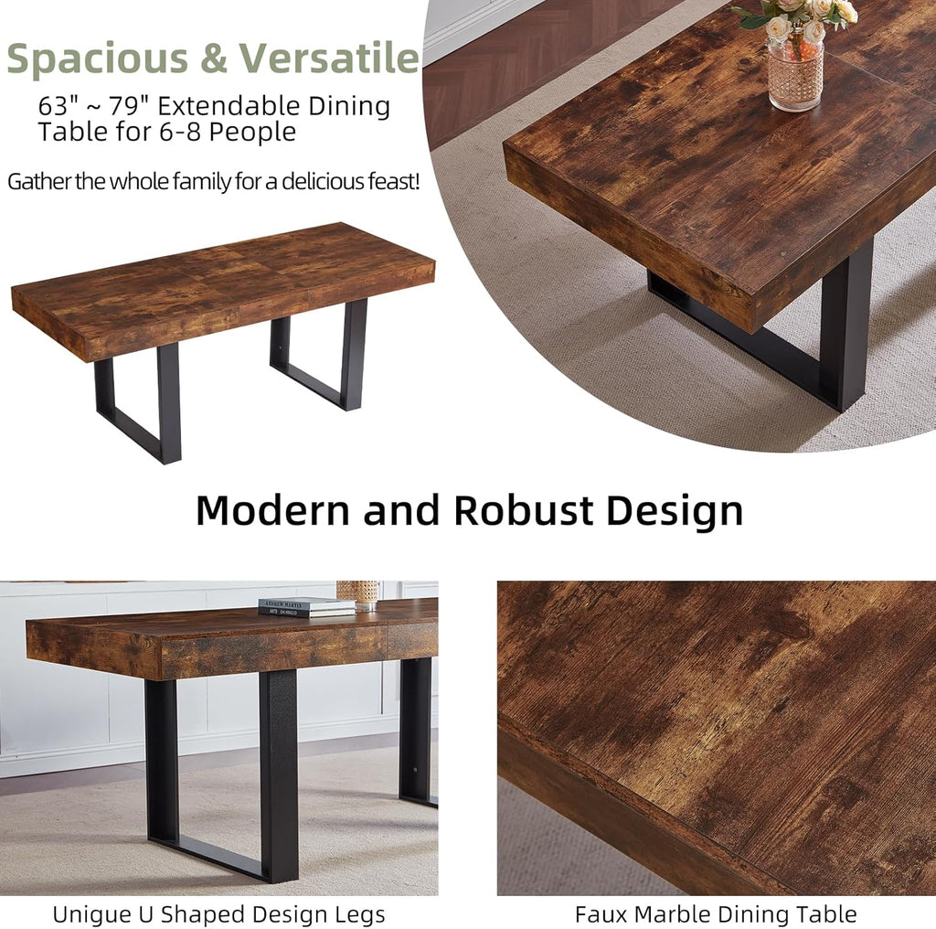 Dining Table Extendable 63 in-79 in for 4-8 Expandable Wood Rectangle with Fluted Base for Dinning Room Kitchen Living Room Farmhouse Rustic Walnut