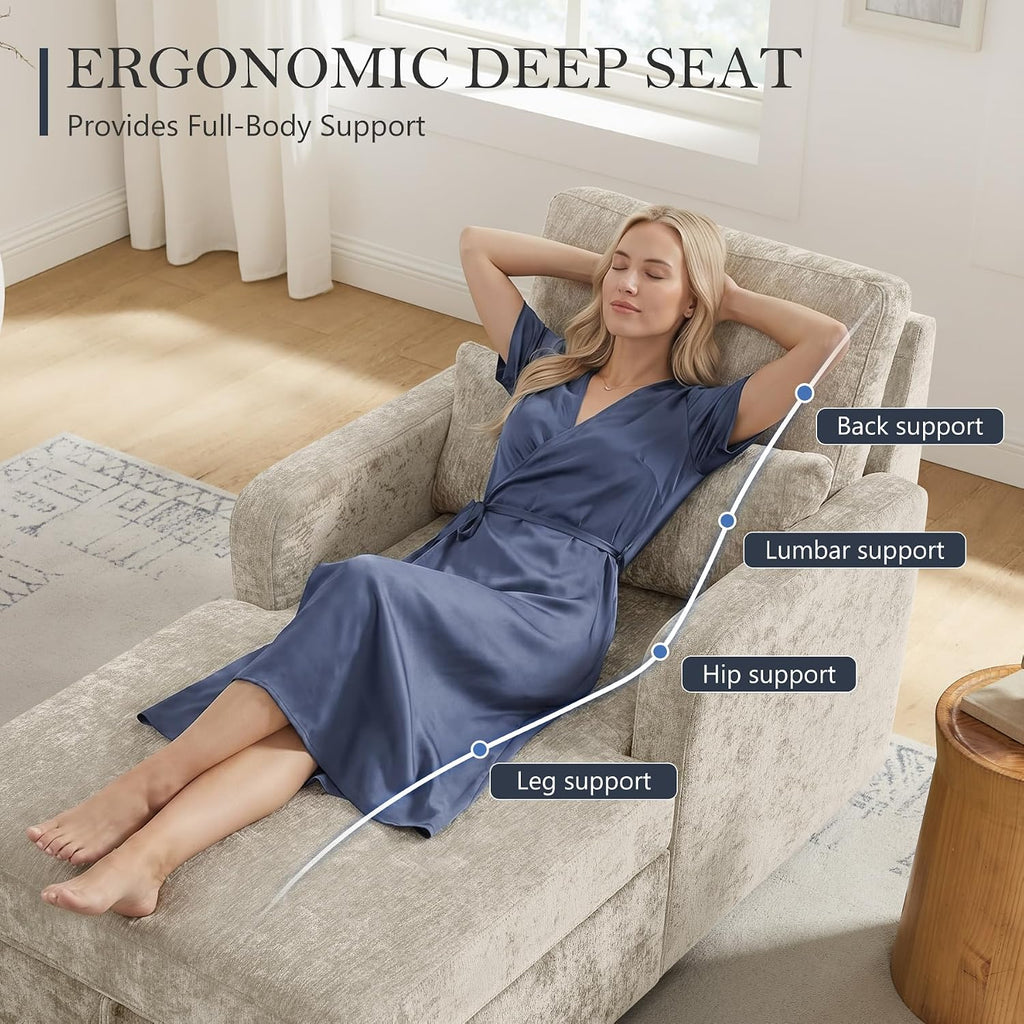 58" Oversized Chaise Lounge Chair with Storage, Chenille Camel | Adjustable Backrest, 2 Back Pillows, Comfy Reading Chair Indoor, Upholstered Sleeper Chair for Living Room, Bedroom, Office