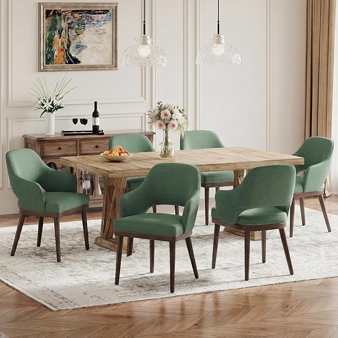 Wooden Dining Chairs Set of 6, Modern Fabric Upholstered Dining Room Chair, Kitchen Side Chairs, Farmhouse Dinner Chair with Open Back for Kitchen, Green