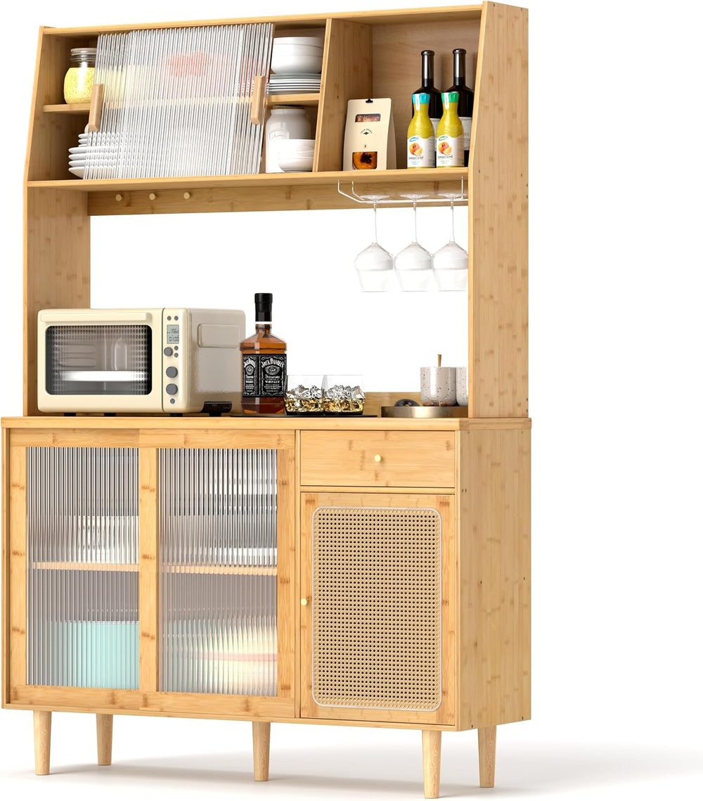 LOKO 69” Tall Bamboo Pantry Cabinet with Hutch, Kitchen Buffet Sideboard with...