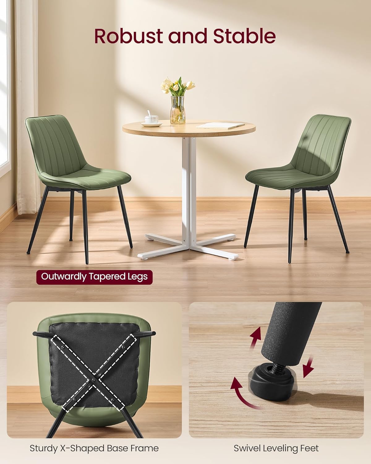VASAGLE Dining Chairs Set of 4, Upholstered Kitchen Chairs, Synthetic Leather, Max. Load 264 lb, Steel Legs, Curved Backrest, for Dining Room, Forest Green and Ink Black ULDC090CH02-2J