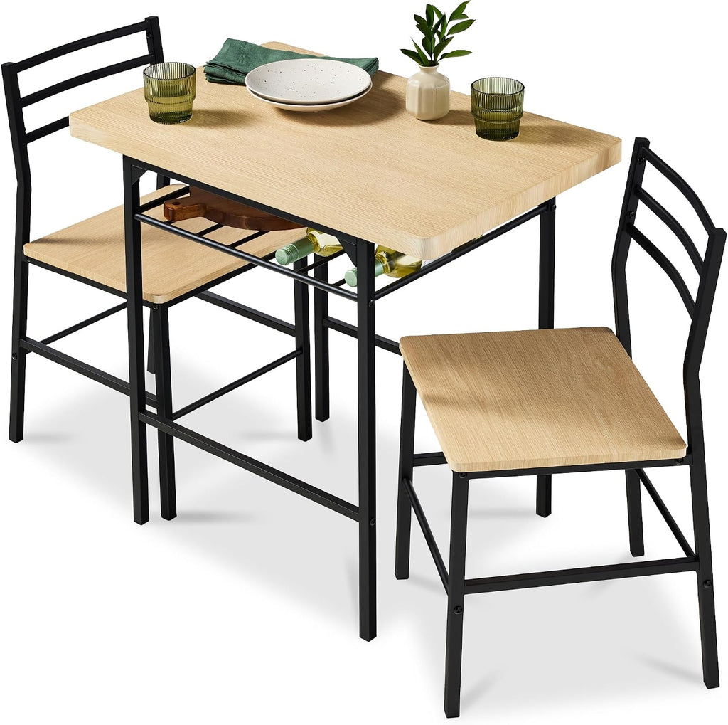 Best Choice Products 3-Piece Modern Dining Set, Space Saving Dinette for Kitchen, Dining Room, Small Space w/Steel Frame, Built-in Storage Rack - Natural/Black