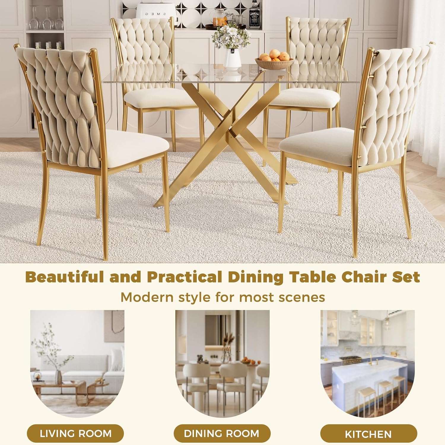 51'' Glass Dining Table Set for 4, Modern Rectangular Dining Room Table with Gold Metal Legs & 4 Upholstered Velvet Dining Chairs, Space-Saving Kitchen Table Set for Small Spaces, Apartment(Beige)
