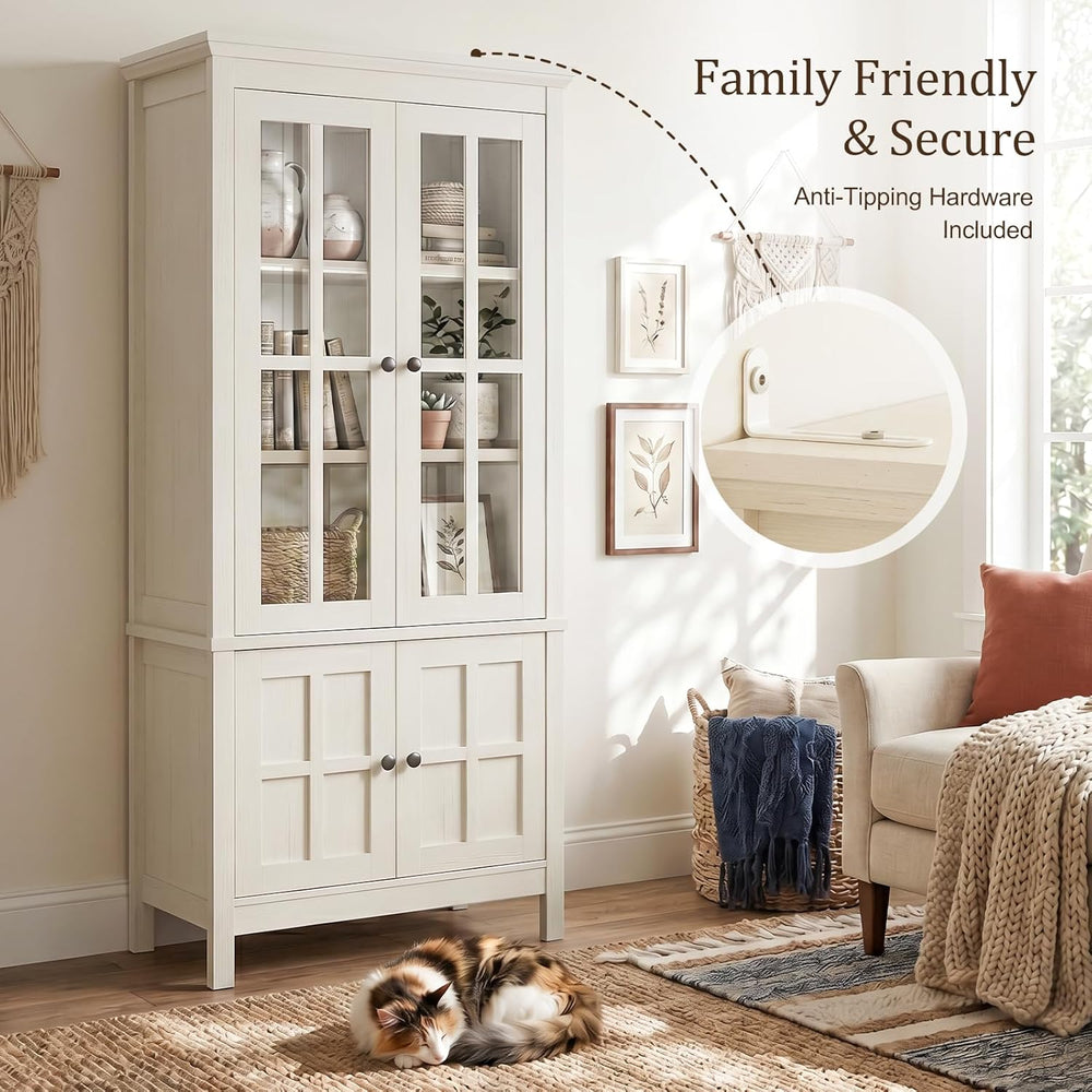 63" Kitchen Pantry Cabinet with Glass Doors & Hidden Storage, Farmho...