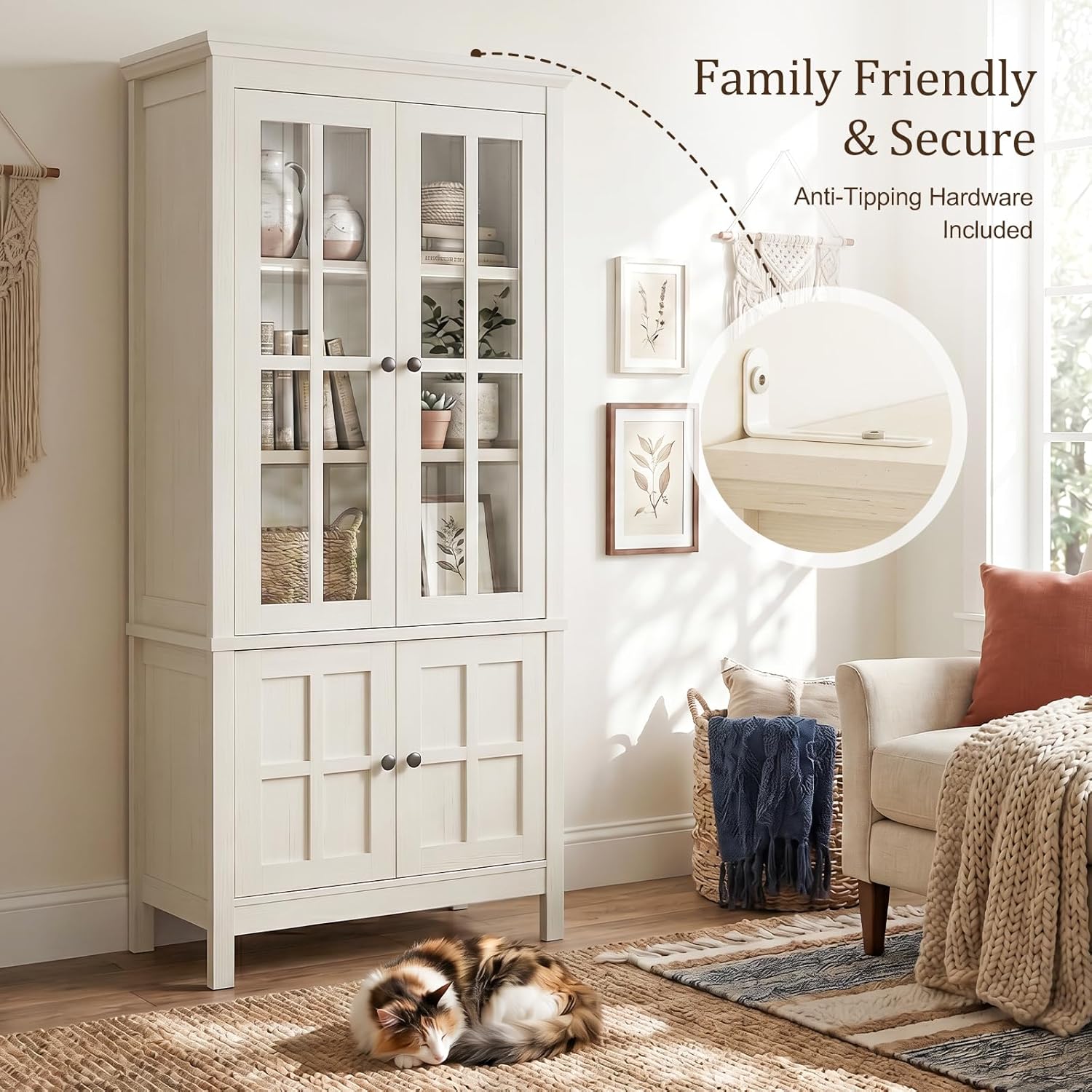 63" Kitchen Pantry Cabinet with Glass Doors & Hidden Storage, Farmhouse Display Kitchen Hutch Cupboard with Adjustable Shelves for Dining Room, Living Room Home Office, Rustic White