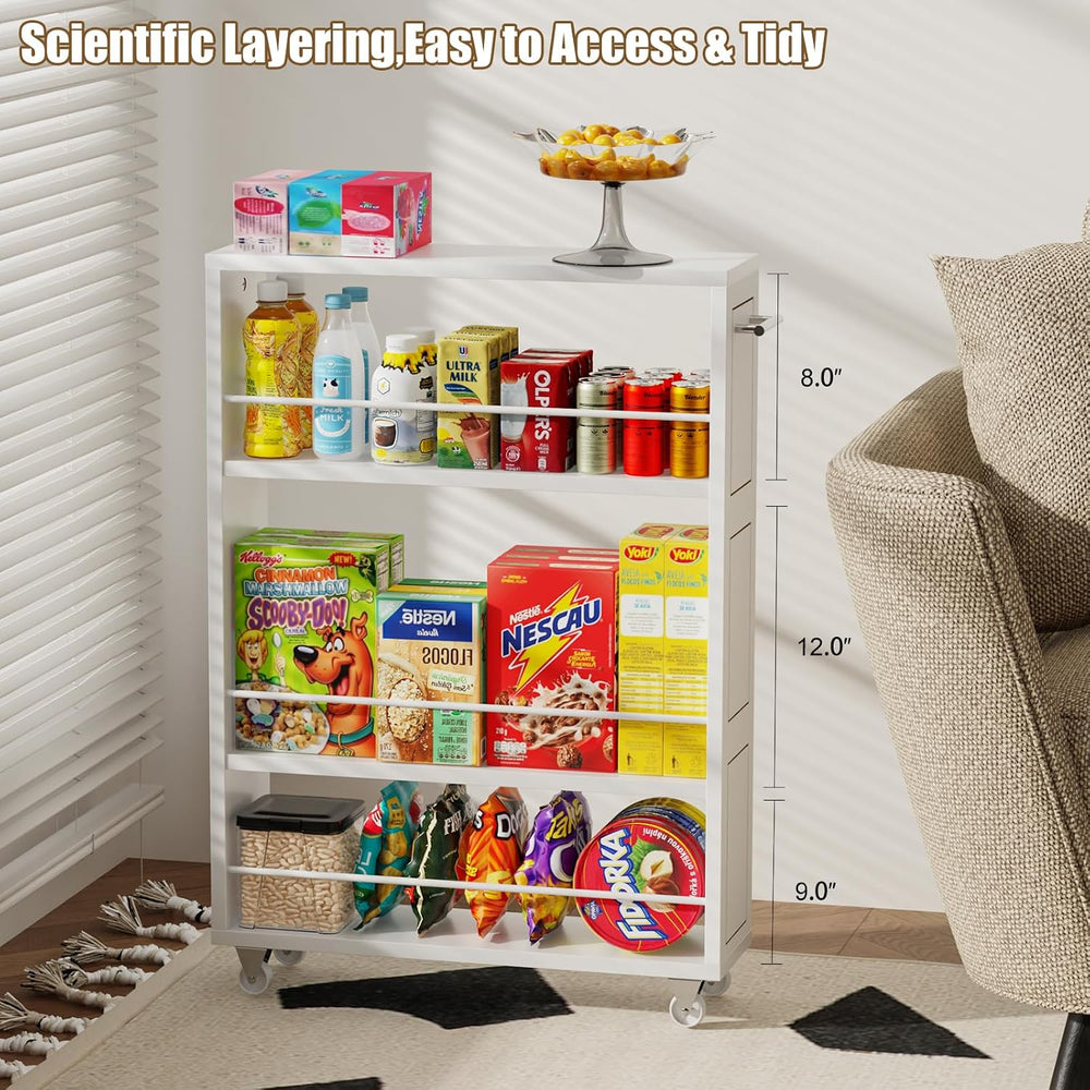 KLM 4 Tier White Slim Storage Cart with Handle, Slide Out Storage Rolling Uti...