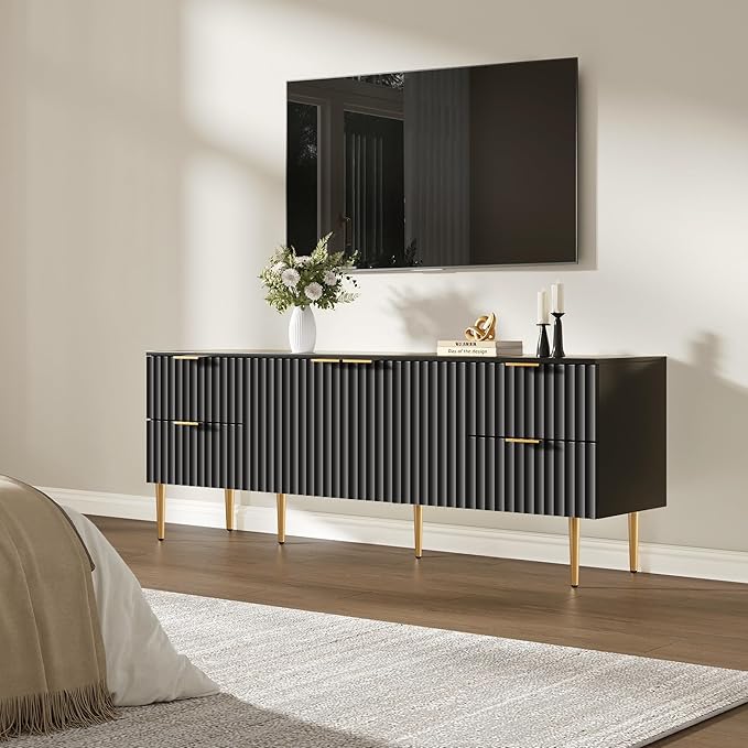 SICOTAS TV Stand for 55/60/65/70 Inch TV - 62 Inch TV Stands for Living Room Entertainment Center with 4 Drawers, Fluted Modern TV Media Console Television Cabinet for Bedroom (Black,1 Piece)