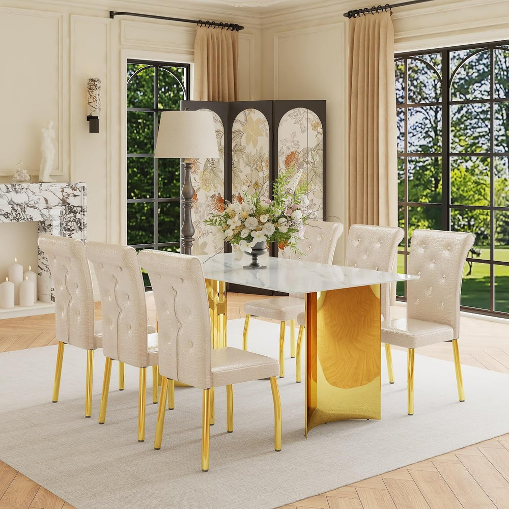 71" Dining Table Set for 6, White Faux Marble Dining Room Table Set for ...