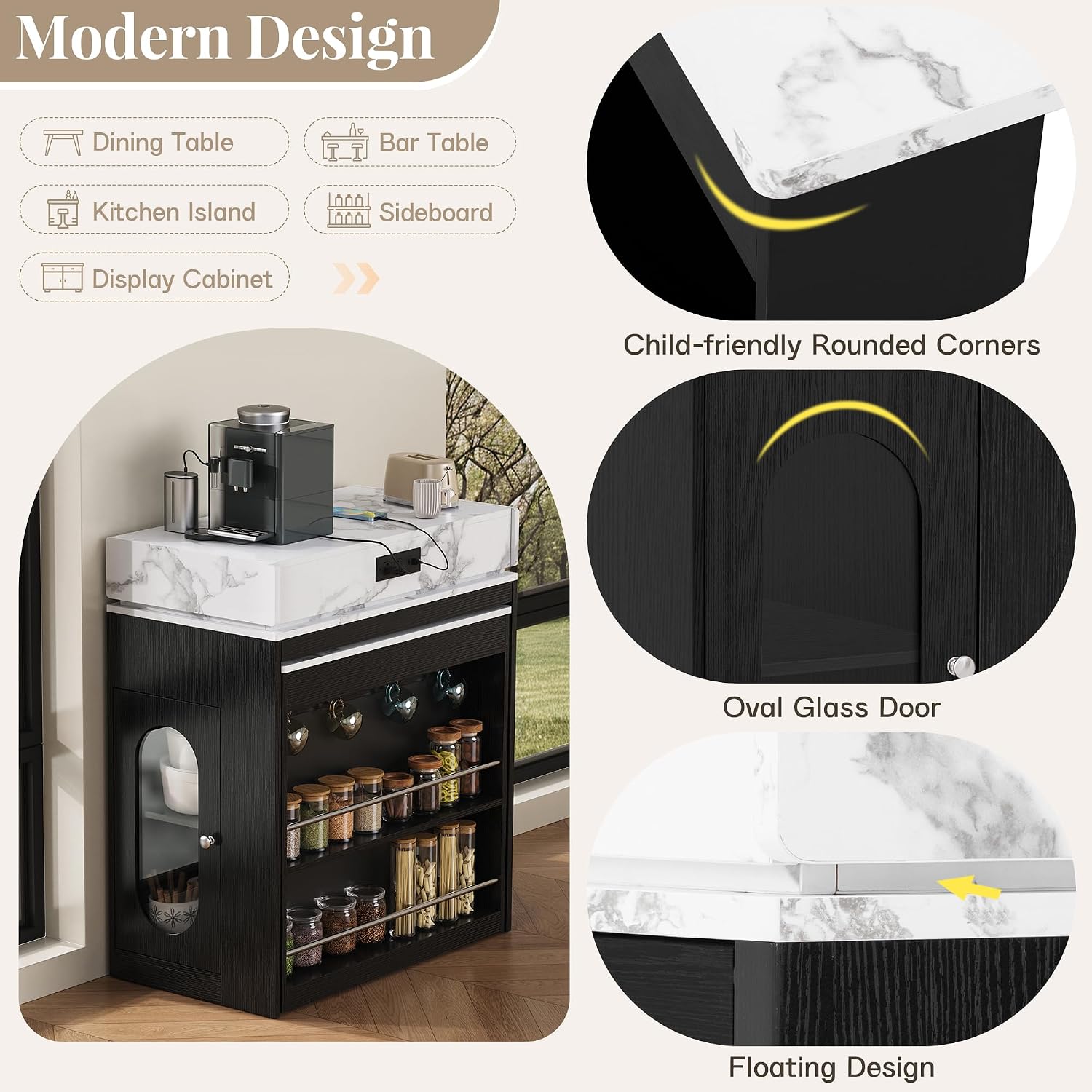 Quarte Kitchen Island with Extendable Table & Power Outlet Black | Kitchen island with extendable table,power outlet,2 drawers,storage cabinet,hooks,rolling wheels,bar table White Marble