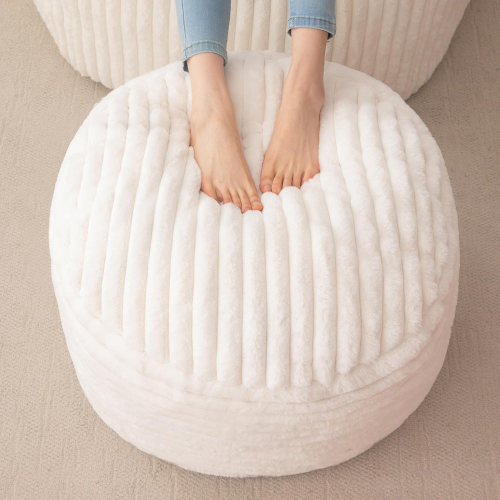 HIGOGOGO Round Stuffed Pouf Ottoman, Stripe Faux Fur Poufs with Foam Chunk Fi...
