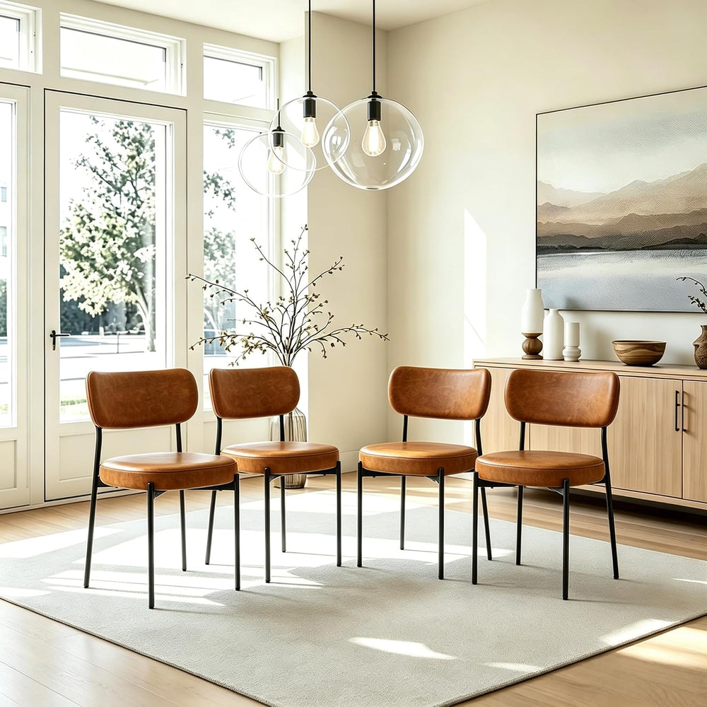 Brown Dining Chairs Set of 8 with Curved Back, Leather Dining Chairs with PU ...