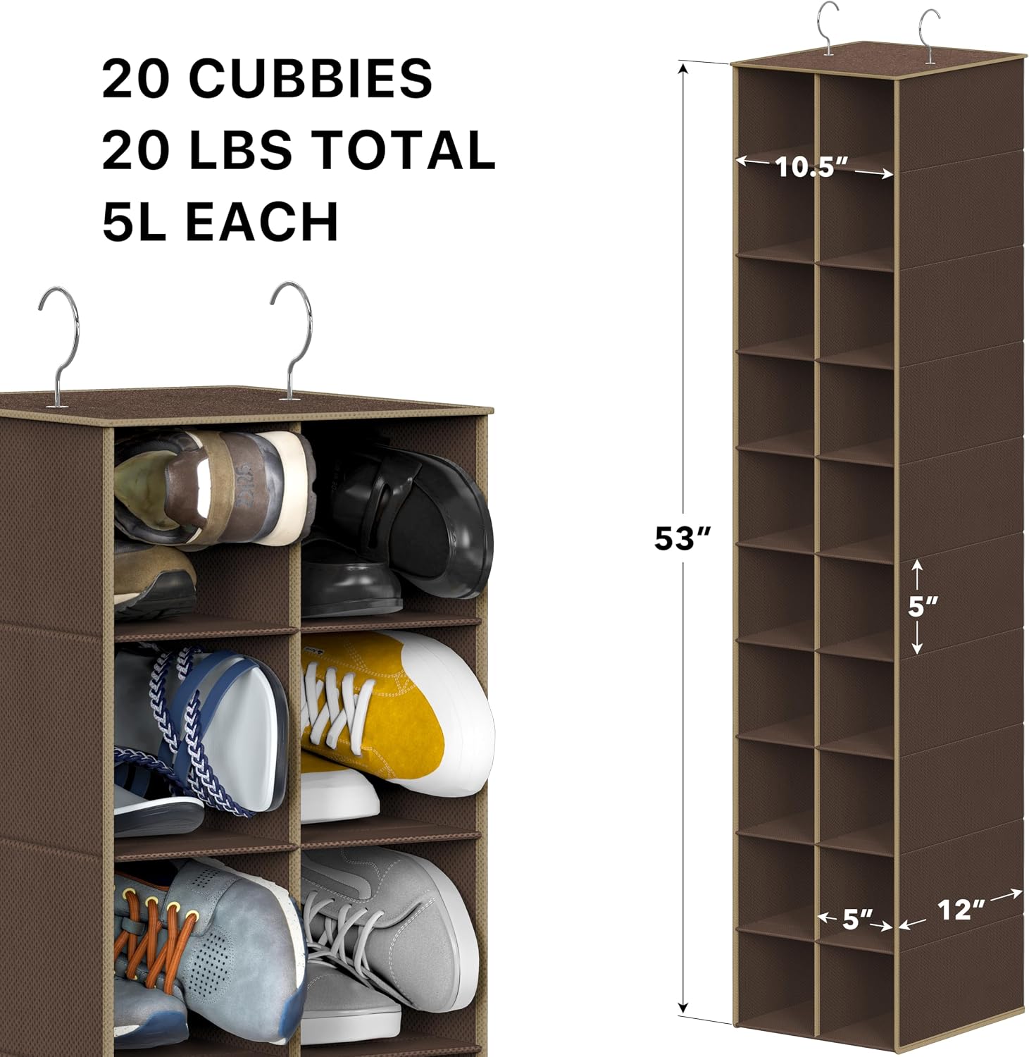 Simple Houseware 20 Section Shelves Hanging Shoes Organizer, Brown | Dual Metal Hooks, 10 Tier, Holds Up to 20 lbs, for Narrow Space