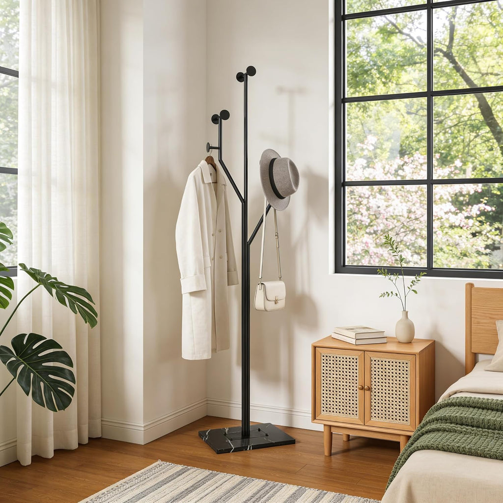 JIAYUEJU Freestanding Coat Rack Tree-shaped Metal Coat Tree with Heavy Duty Marble Base Corner Clothing Rack for Bedroom Entryway Hallway 14.96 x 10.24 x 68.9 Inches (Black)