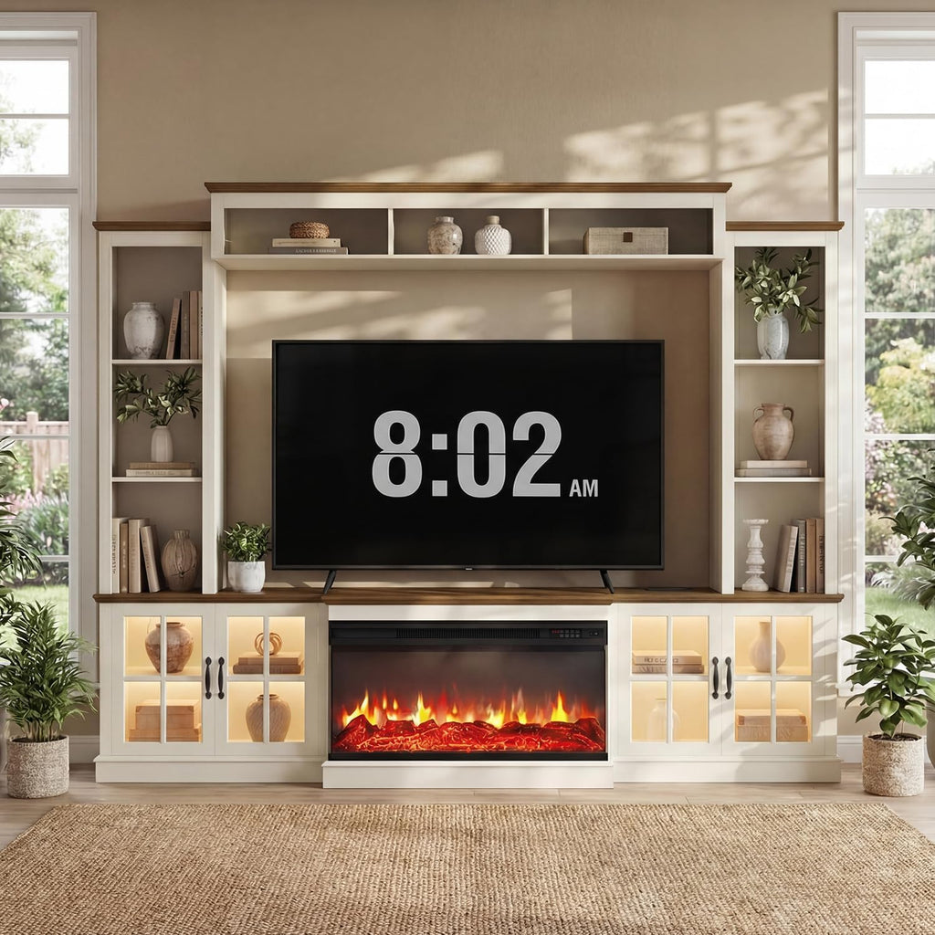 98" Farmhouse Fireplace TV Stand with 36" Electric Fireplace, Wall Media Console with Barn Doors,Bookshelf Wine Storage, Entertainment Center Fits TVs Up to 75" for Living Room, White