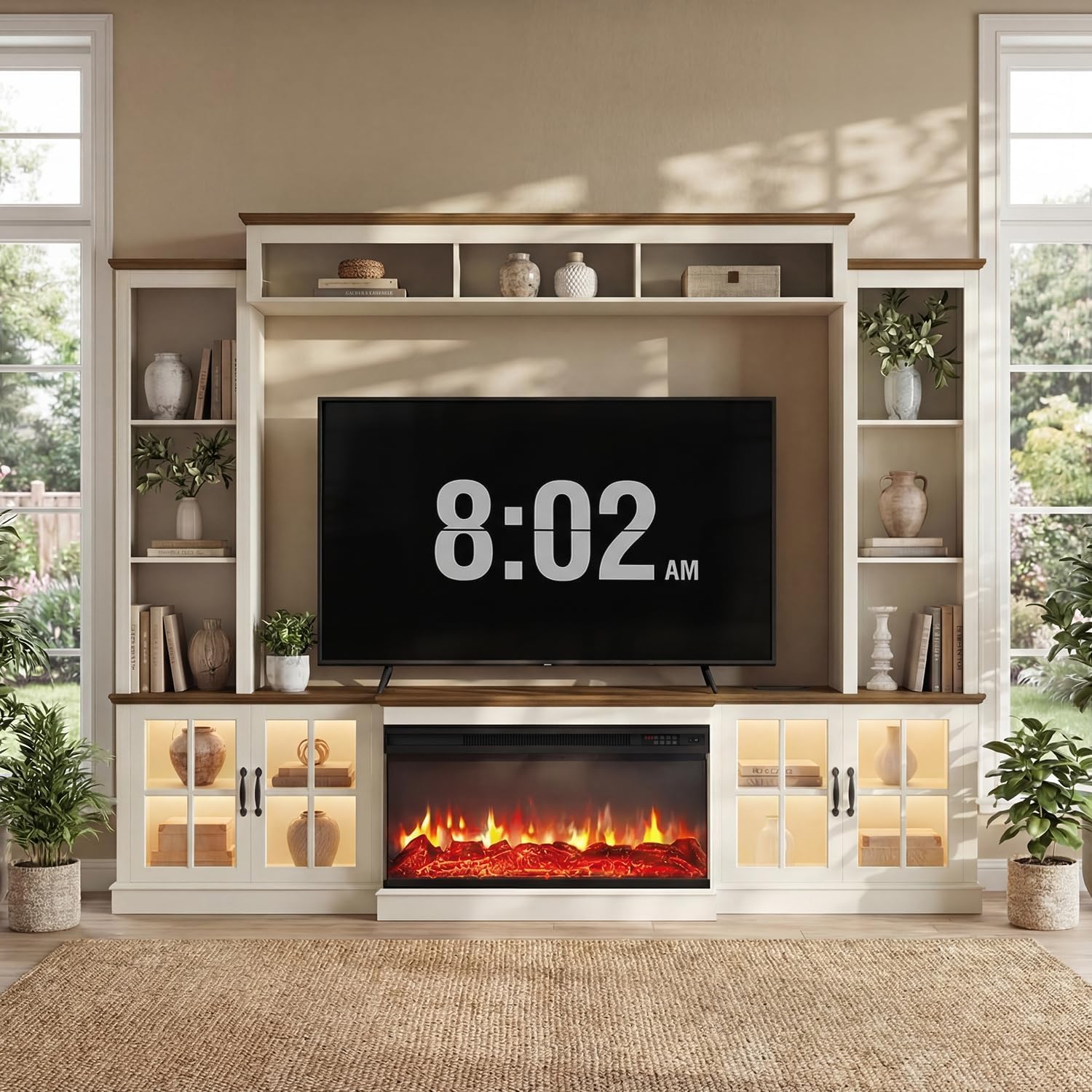 98" Farmhouse Fireplace TV Stand with 36" Electric Fireplace, Wall Media Console with Barn Doors,Bookshelf Wine Storage, Entertainment Center Fits TVs Up to 75" for Living Room, White