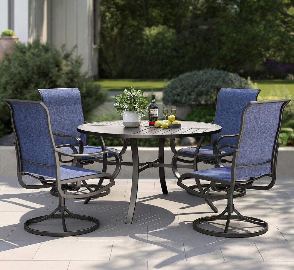 PHI VILLA Patio Dining Set for 4, Round Table & Swivel Mesh Chairs, Blue