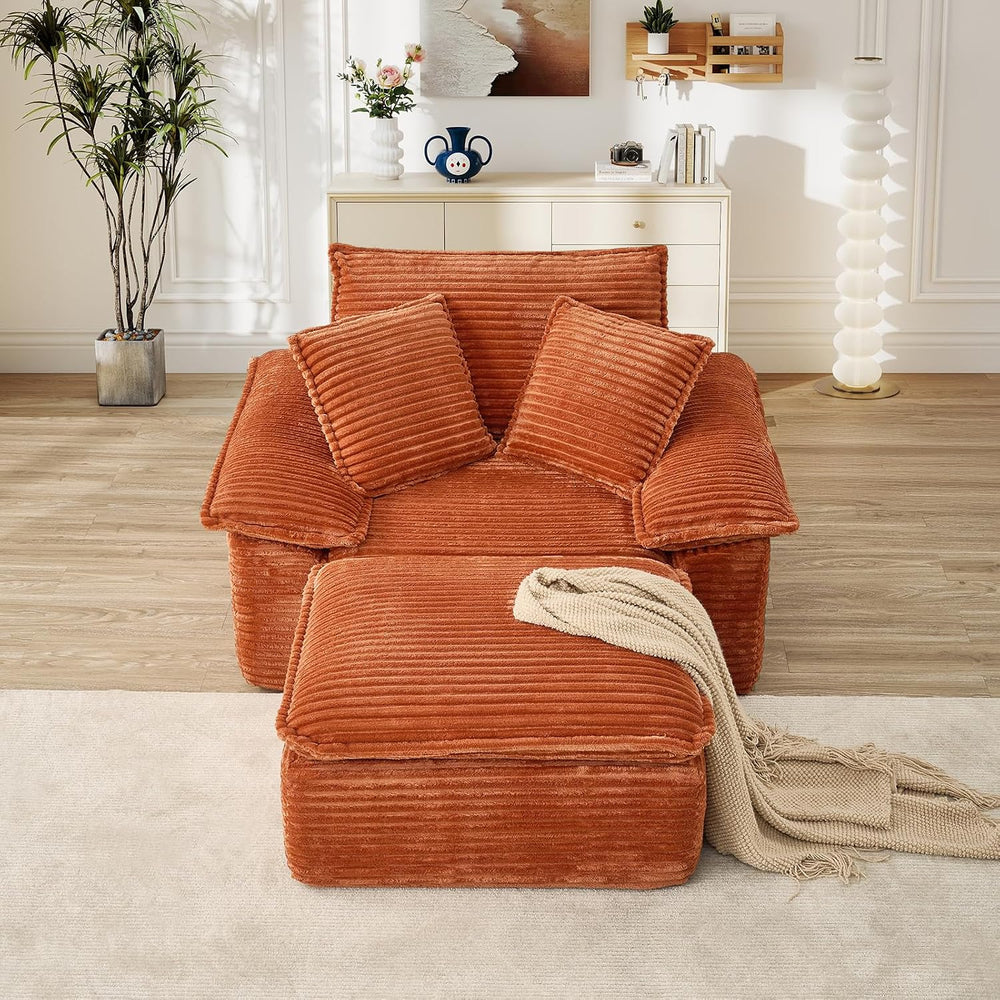 Oversized Chaise Lounge Chair Indoor with Ottoman, Upholstered Corduroy Moder...