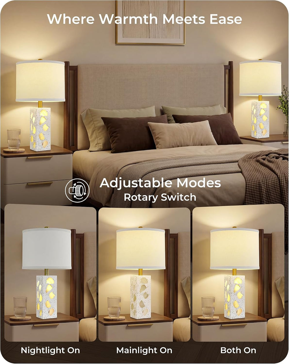 22" Table Lamps Set of 2, Translucent Stone-Inspired Lamps with Night Light